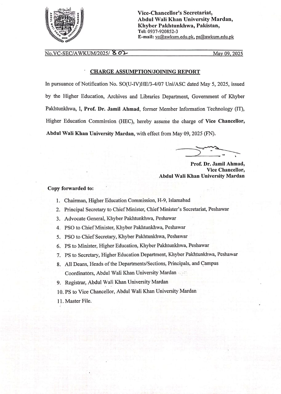 Prof. Dr. Jamil Ahmad Assumes Charge as Vice Chancellor of AWKUM